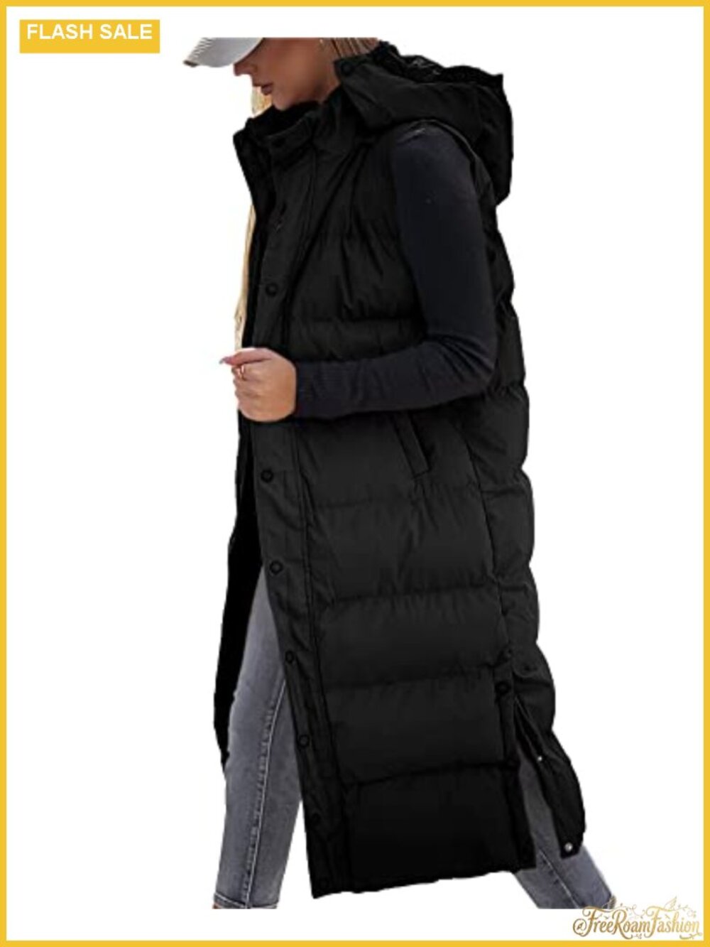 Women's Long Quilted Puffer Vest Hooded Sleeveless Button Up Winter Warm